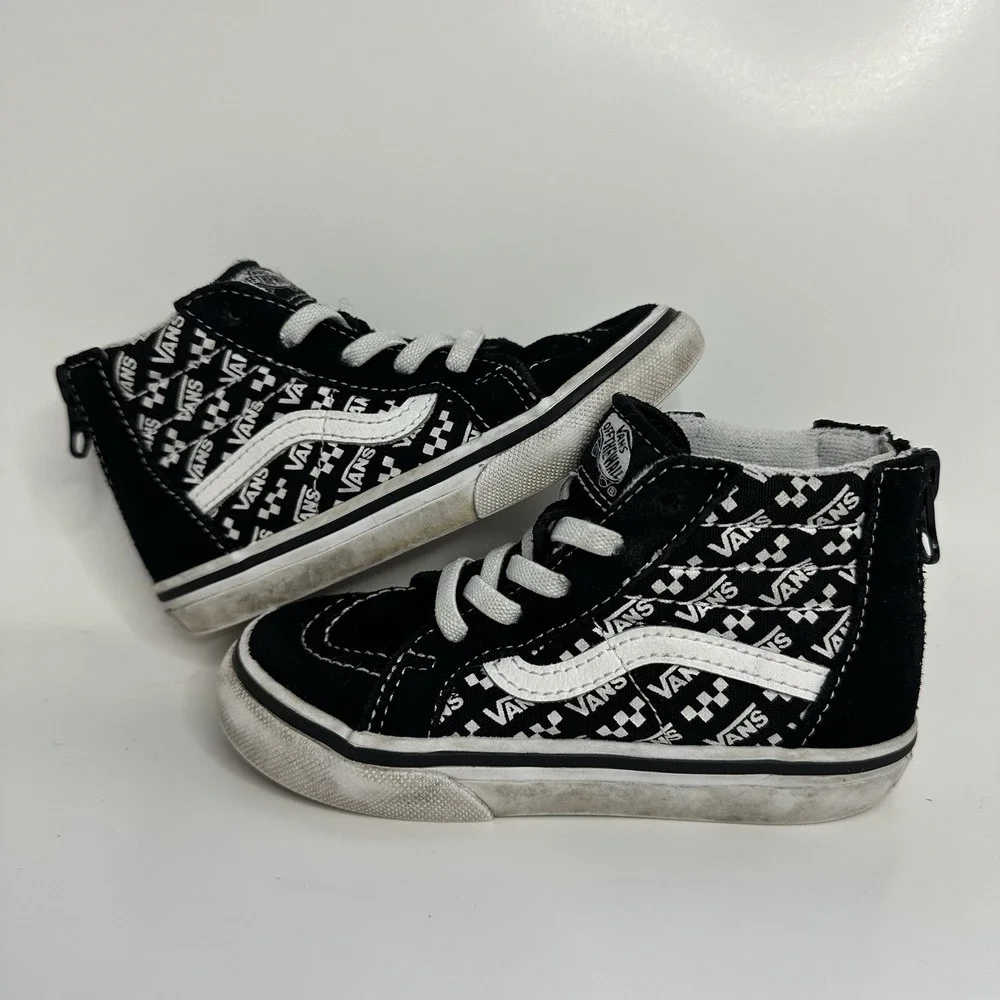 Vans Sk8-Hi Zip toddler Sz 8 Tennis shoes Black White Suede Sneakers